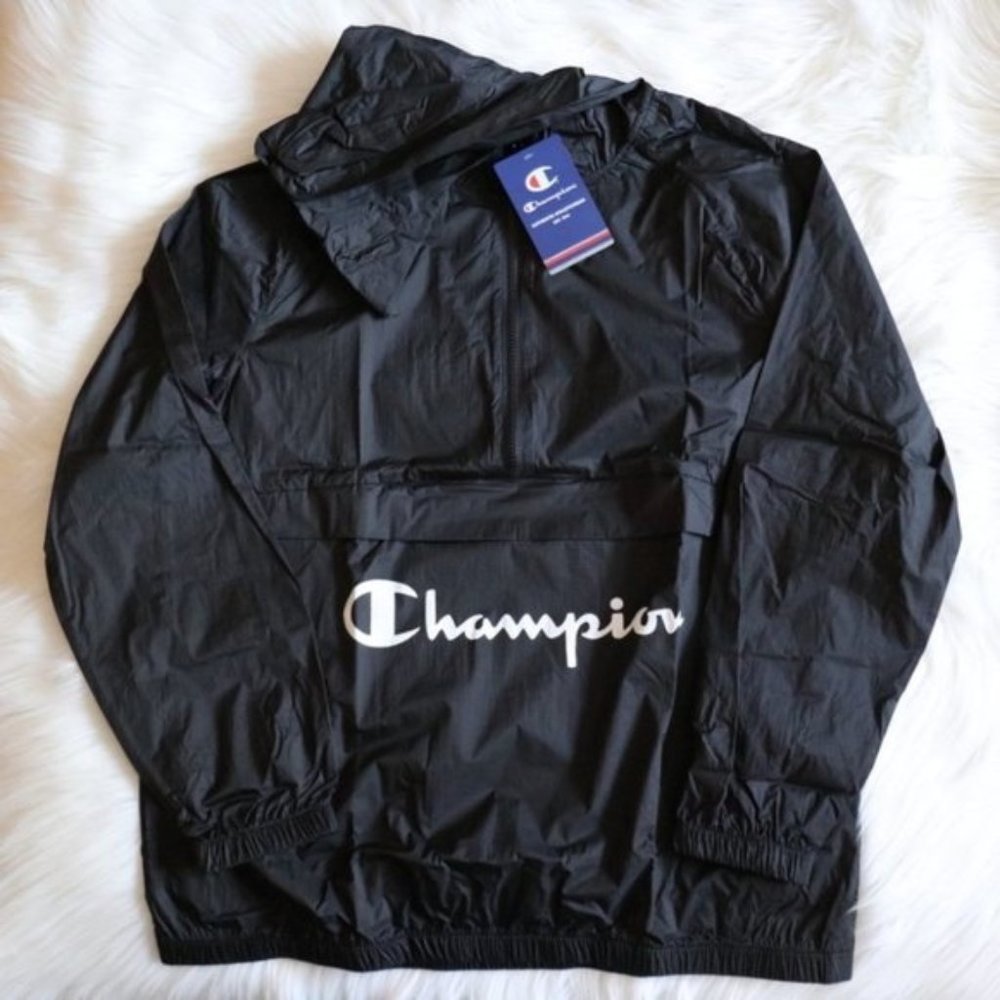 Champion Windbreaker Jacket Black Oversized Size Medium
